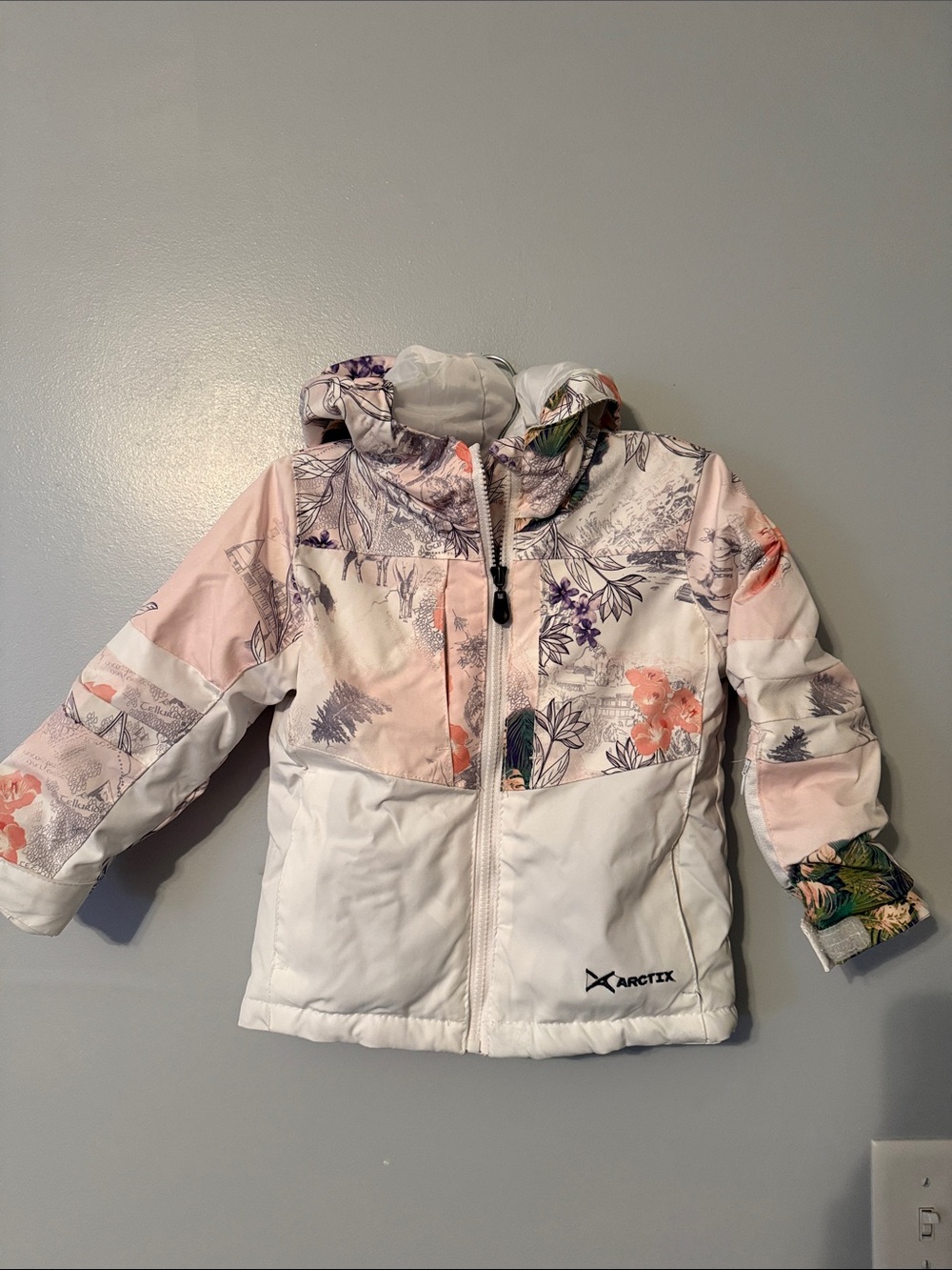 Arctix Girls' Hooded Floral Puffer Jacket - White & Light Pink